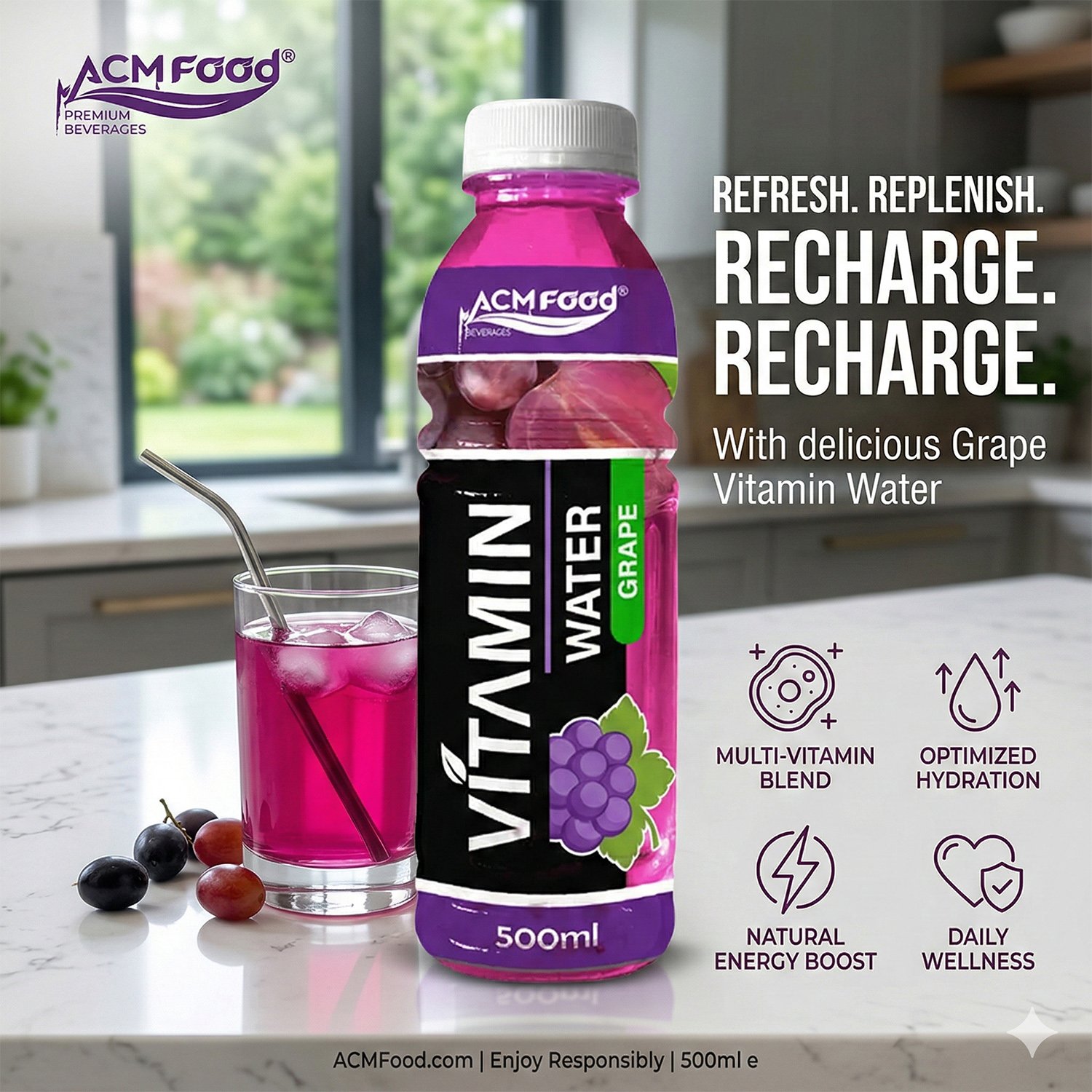 OEM ODM Vitamin Water with Grape Flavor 500ml PET Bottle