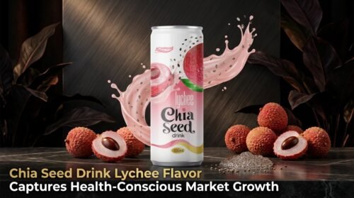 Chia seed drink lychee flavor can with health and wellness concept background