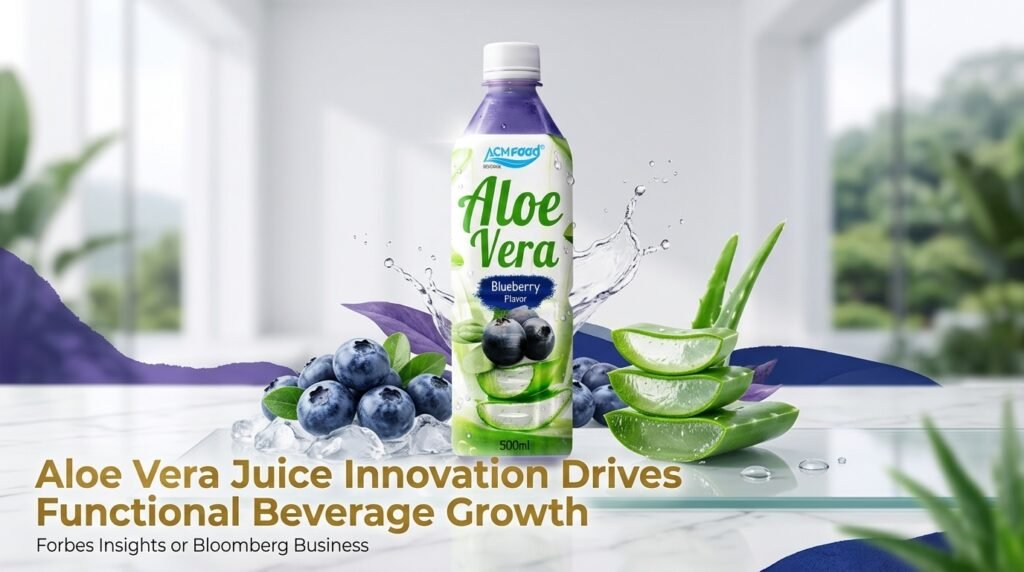 Banner with ACM Aloe Vera Juice with Blueberry Flavor and text overlay: Aloe Vera Juice Innovation Drives Functional Beverage Growth