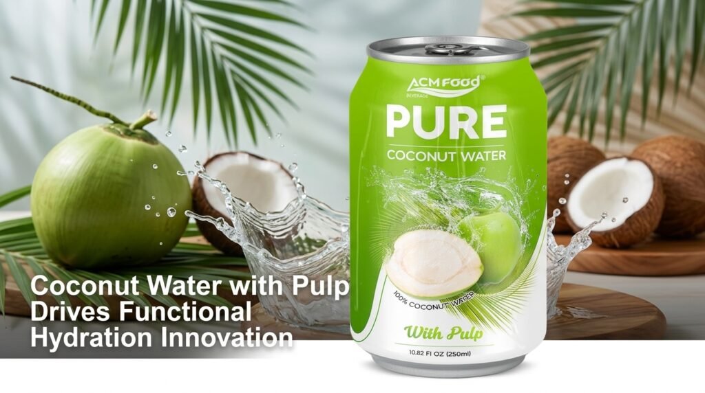 Coconut water with pulp 250ml can and fresh coconuts banner for functional beverage article