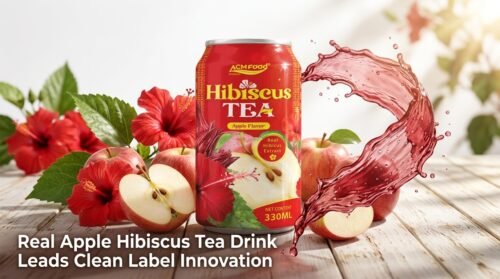 Banner featuring Premium Real Apple Flavored Hibiscus Tea Drink can with text overlay 'Real Apple Hibiscus Tea Drink Leads Clean Label Innovation'