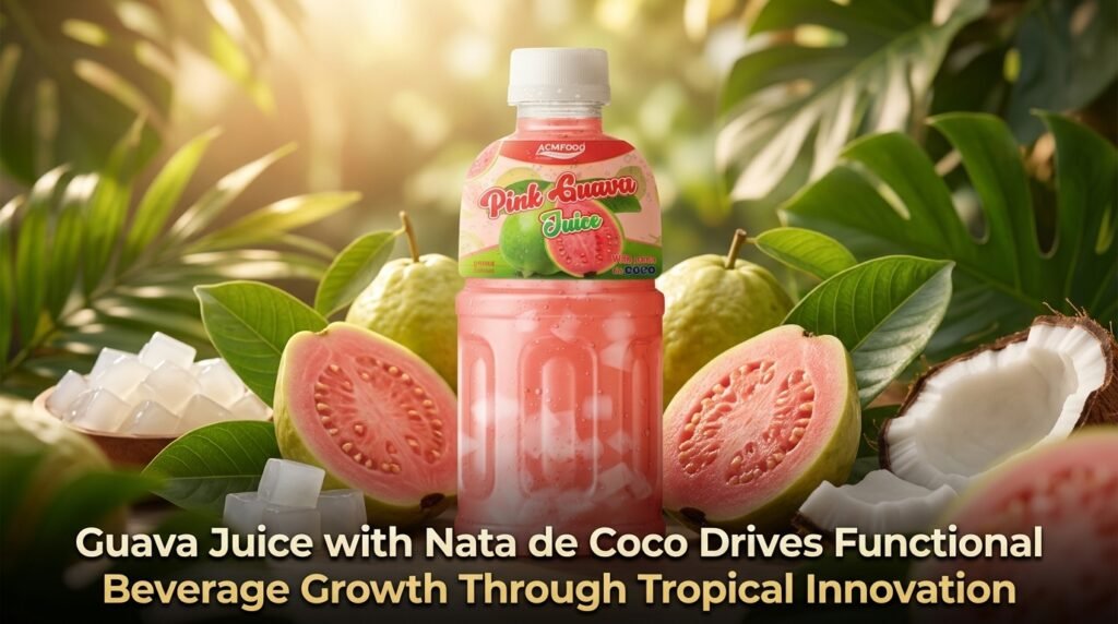 Banner showcasing guava juice with nata de coco and tropical fruits