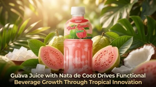 Banner showcasing guava juice with nata de coco and tropical fruits