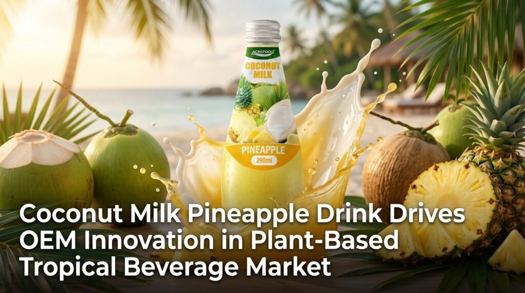 Feature banner for article about coconut milk pineapple drink OEM innovation in plant-based tropical beverage market