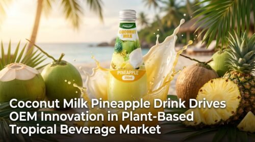 Feature banner for article about coconut milk pineapple drink OEM innovation in plant-based tropical beverage market