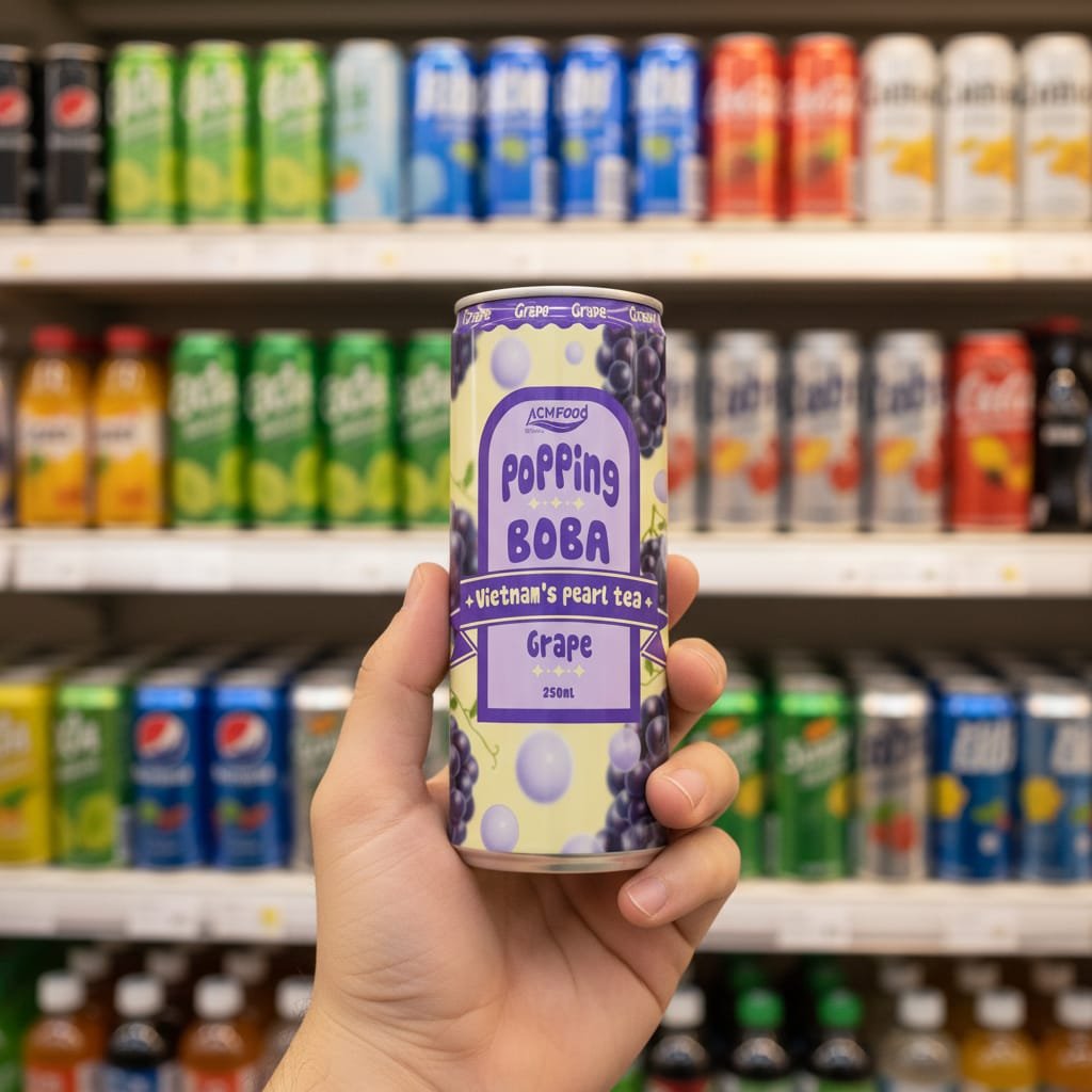 A 250ml can of ACM Grape Bubble Tea with Popping Boba held by a professional hand with a blurred background of a superma