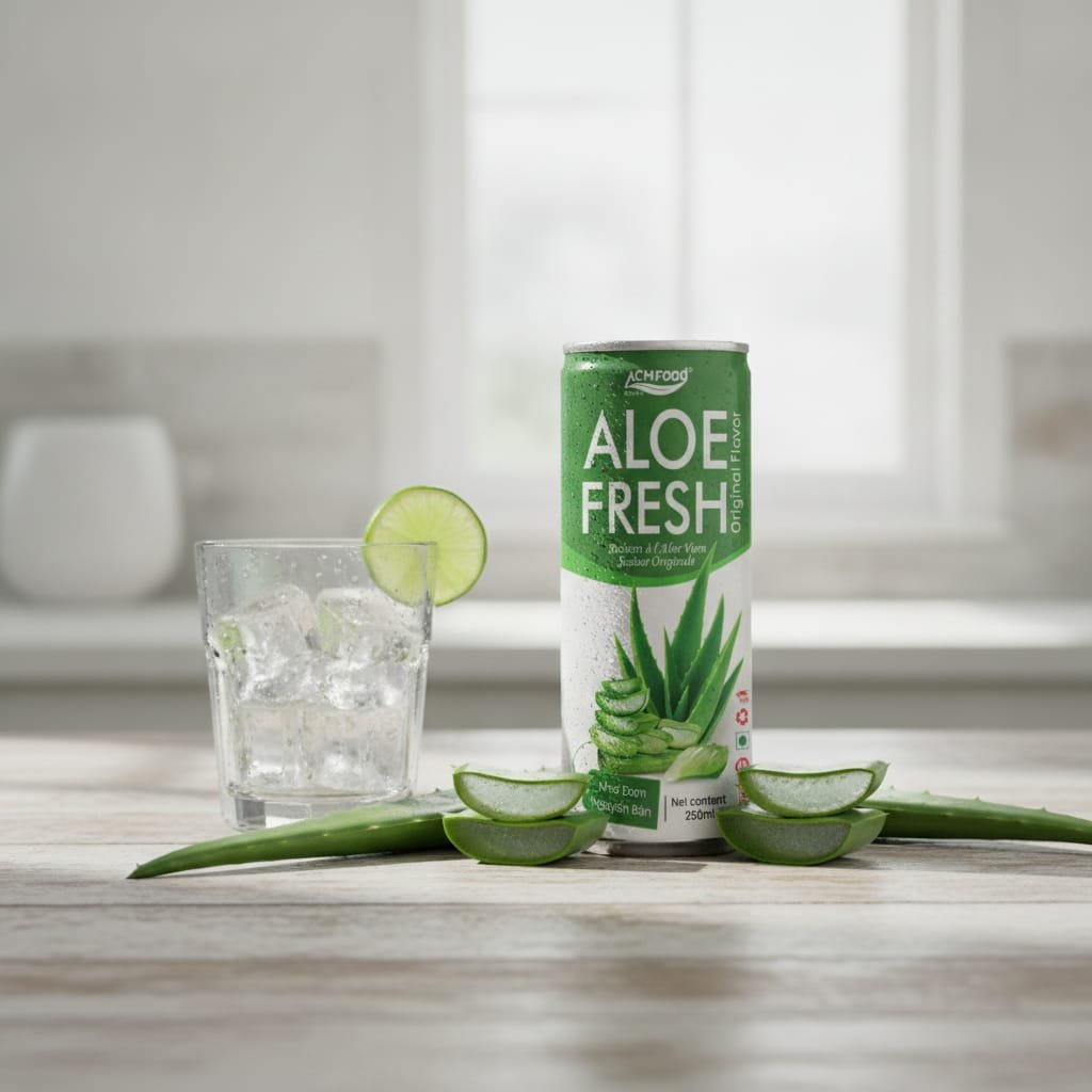 Can of ACM Natural Aloe Vera Juice 250ml placed on a wooden table with fresh aloe leaves and ice cubes, highlighting the