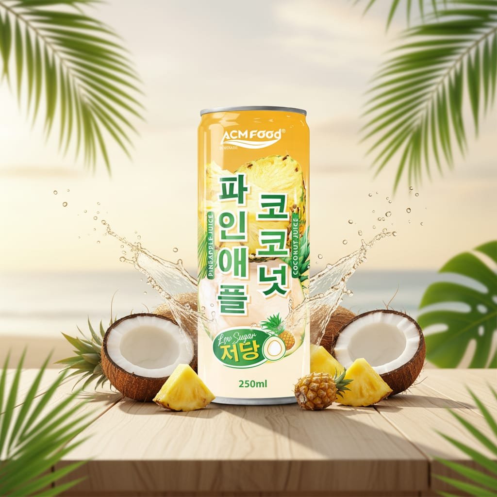 ACM low-sugar coconut water can with fresh coconut and tropical background
