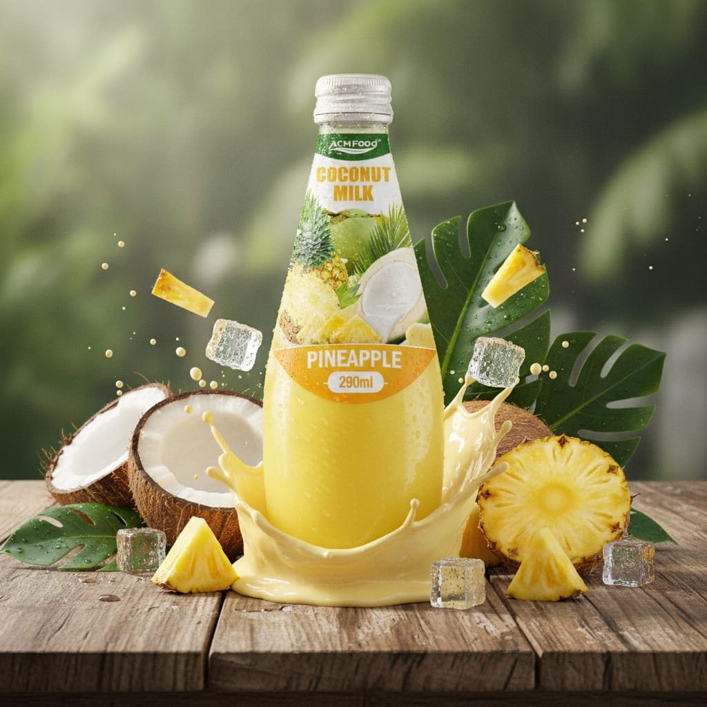 Coconut milk pineapple drink in glass bottle with fresh coconut and pineapple on wooden table