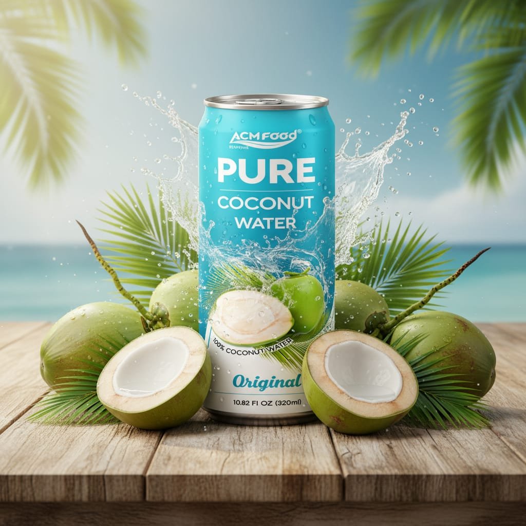 Clean label 320ml ACM Original Coconut Water can on rustic table with young coconuts, highlighting natural hydration trend Clean label coconut water can on wooden table with fresh coconuts