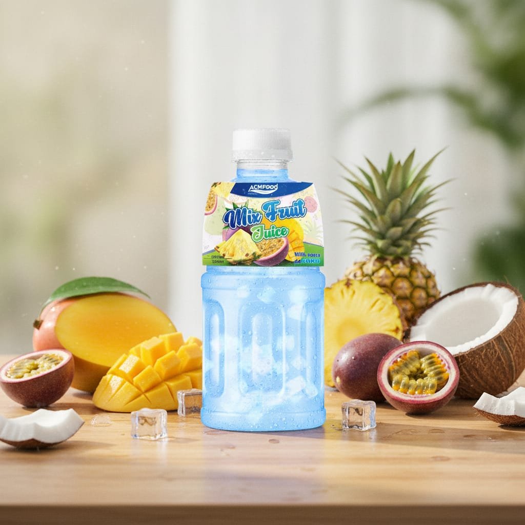 ACM Mixed Fruit Juice with Nata de Coco – A prime example of texture-driven flavor innovation in RTD beverages Mixed fruit juice with nata de coco in a 320ml can, tropical background