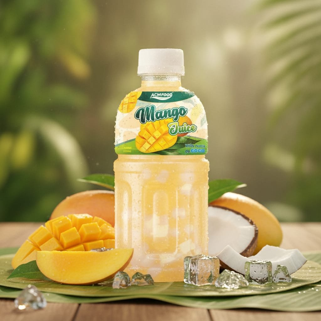 Close-up of a 320ml can of Mango Juice with Nata de Coco placed on a woven banana leaf mat, surrounded by fresh mango slices and coconut chunks, sunlight streaming in Mango juice with nata de coco in an aluminum can on a tropical background