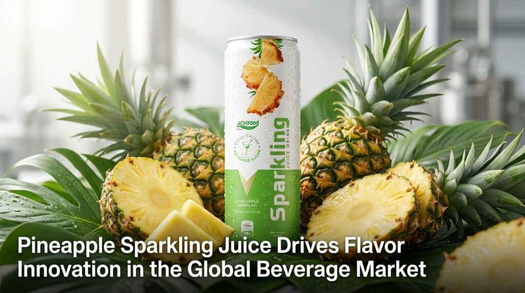 Pineapple sparkling juice can on tropical background with article title overlay
