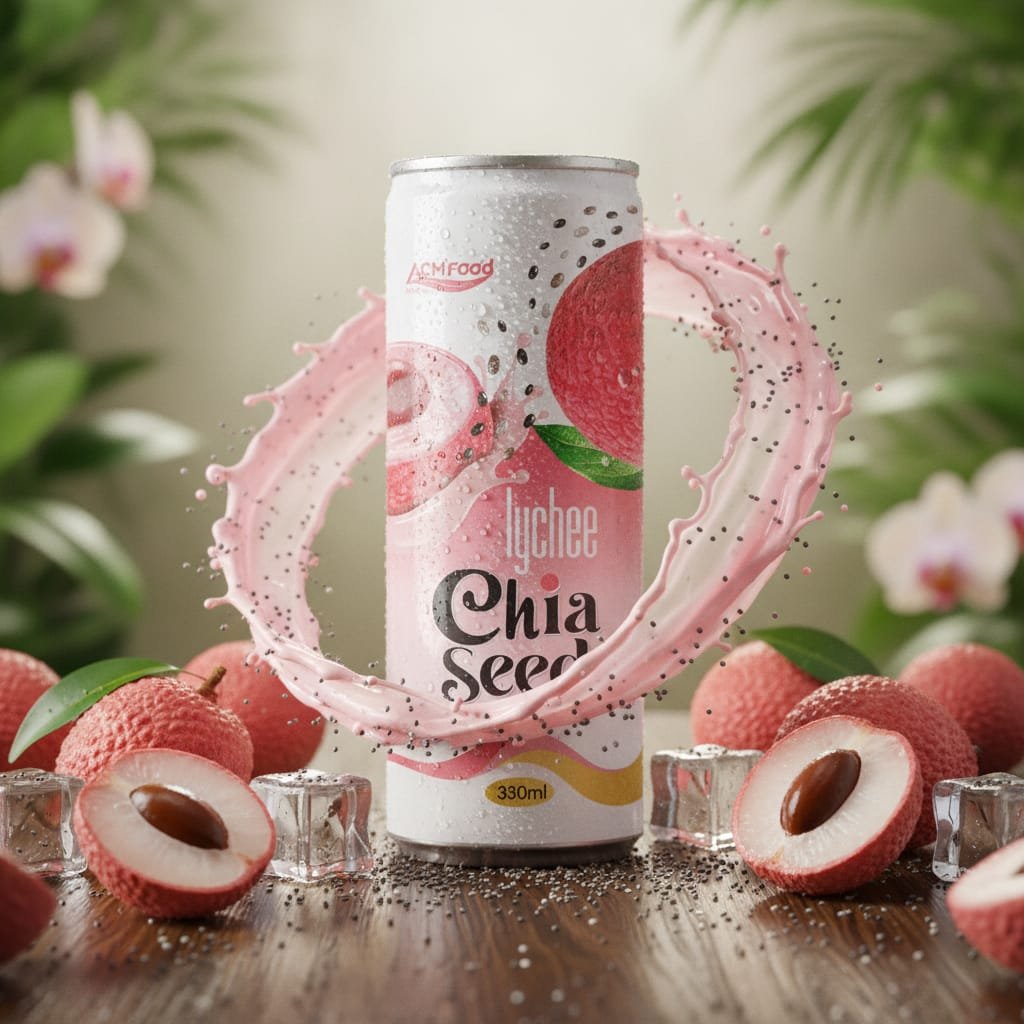 Premium Lychee Beverage 320ml can displayed with fresh lychee and chia seeds, healthy functional drink concept Chia seed drink lychee flavor 320ml can on wooden table with fresh lychee fruits and chia seeds scattered