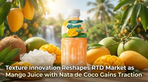 Mango juice with nata de coco texture innovation in RTD market