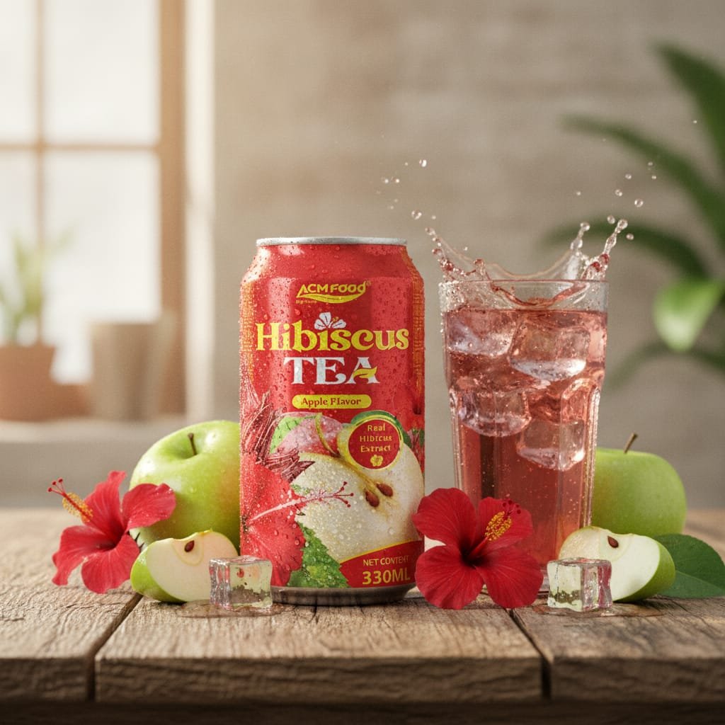 Premium Real Apple Flavored Hibiscus Tea Drink 330ml can on a wooden table with fresh hibiscus flowers and apple slices