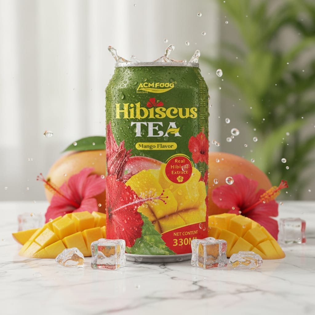 Premium Real Mango Flavored Hibiscus Tea Drink 330ml - ACM Beverage product close-up with fresh ingredients Mango hibiscus tea drink in sleek can with fresh mango slices and hibiscus flowers on white background
