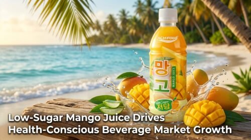 Low-sugar mango juice bottle on a tropical beach background with article title overlay
