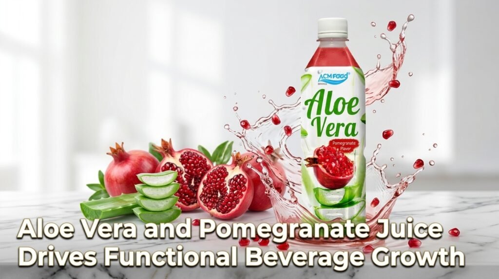 Aloe vera pomegranate juice can with fresh fruit and functional drink concept