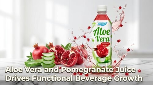 Aloe vera pomegranate juice can with fresh fruit and functional drink concept