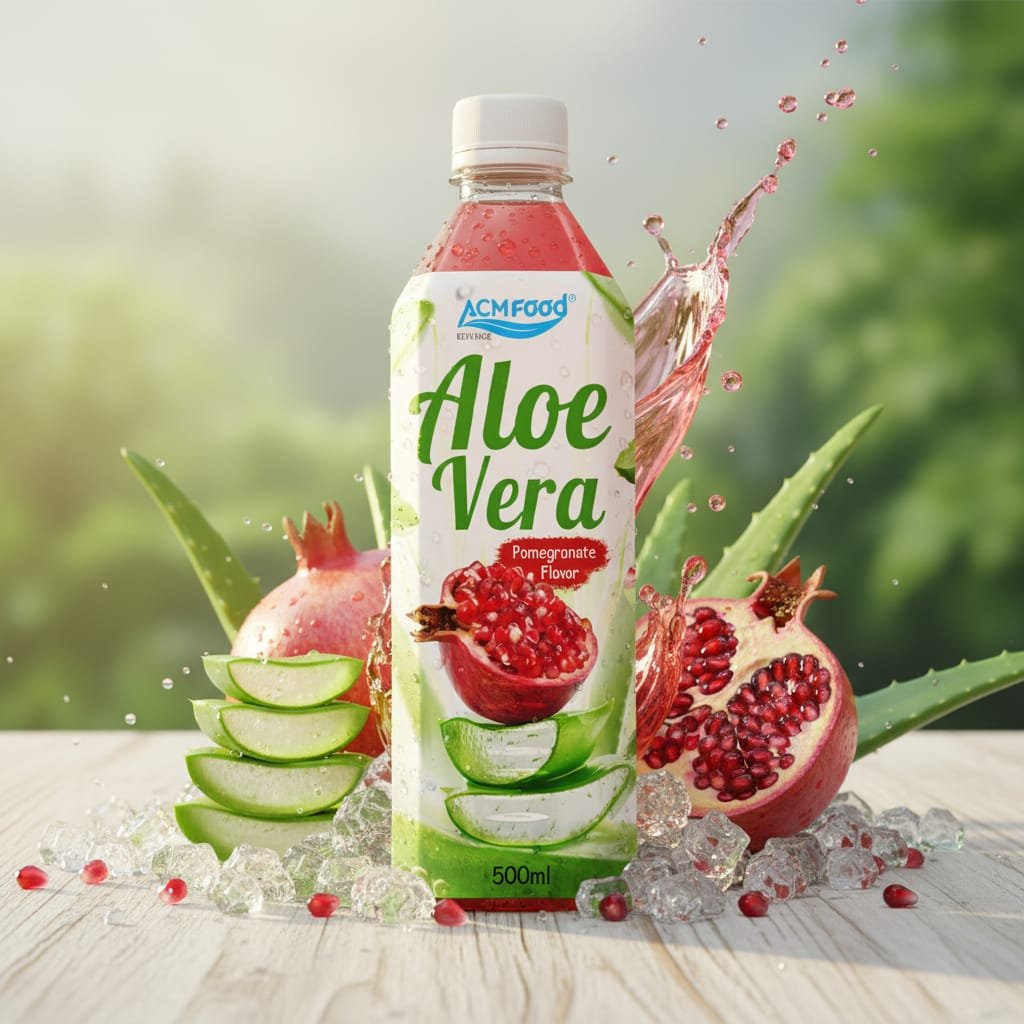 Aloe vera pomegranate juice can on wooden table with fresh aloe and pomegranate