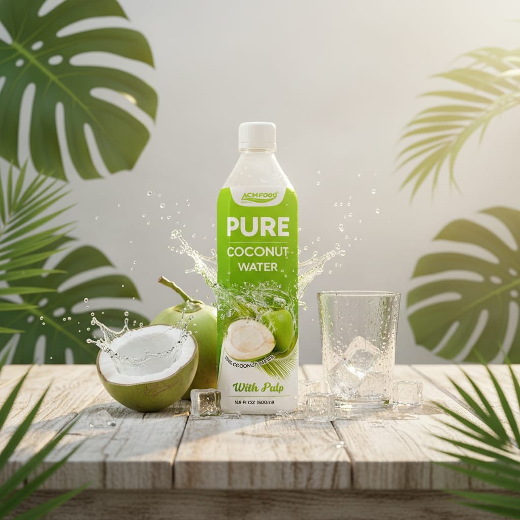 500ml ACM Pure Coconut Water with Pulp PET Bottle – A functional hydration product with visible coconut pulp, fresh young coconuts, and ice cubes on a wooden table, ultra realistic beverage photography 500ml PET bottle of pure coconut water with pulp surrounded by fresh coconuts and ice cubes