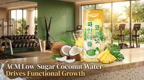 ACM low-sugar coconut water canned drink with health trend background