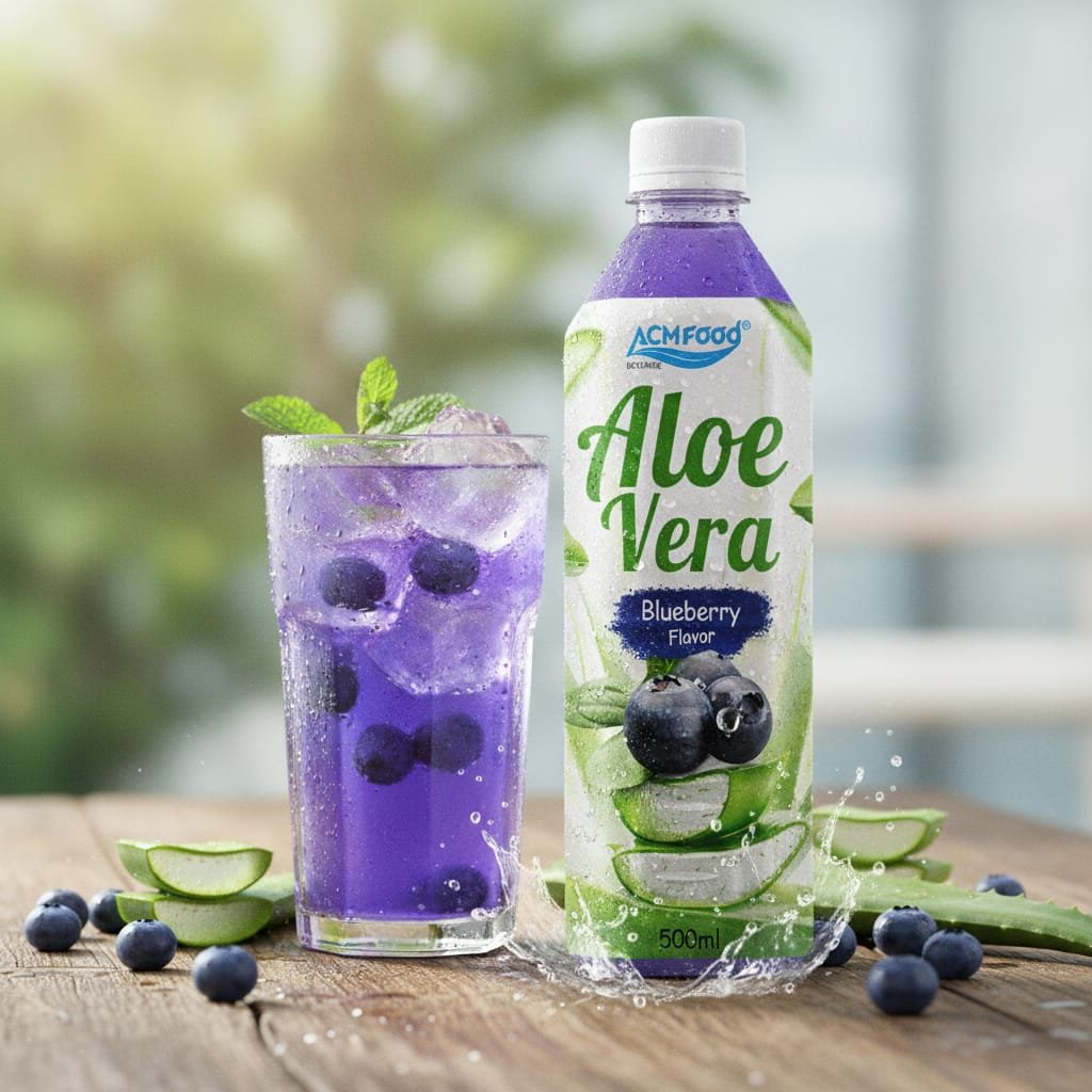 A refreshing glass of ACM Aloe Vera Juice with Blueberry Flavor, garnished with fresh blueberries and mint leaves Close-up of glass of aloe vera blueberry juice with ice and fresh blueberries