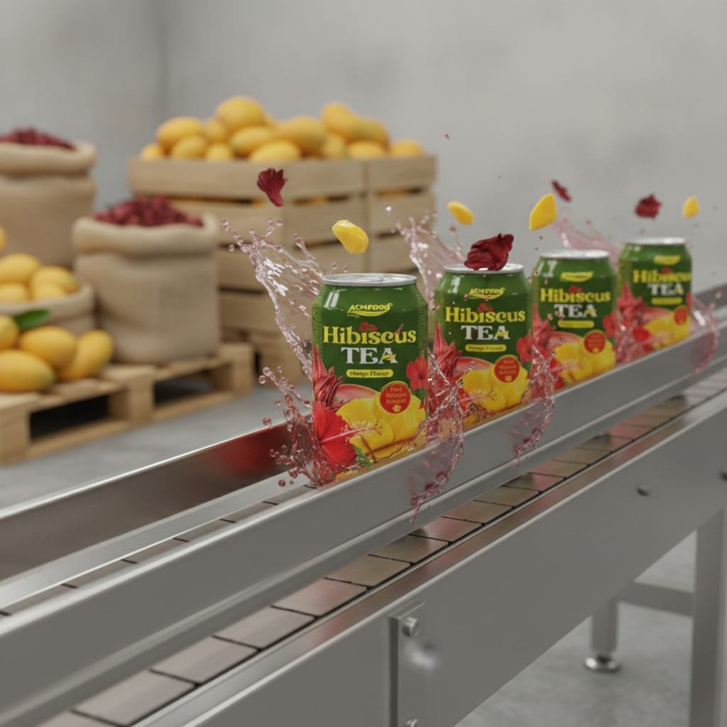 A row of mango hibiscus tea cans on a production line with green mangoes and hibiscus flowers in the background