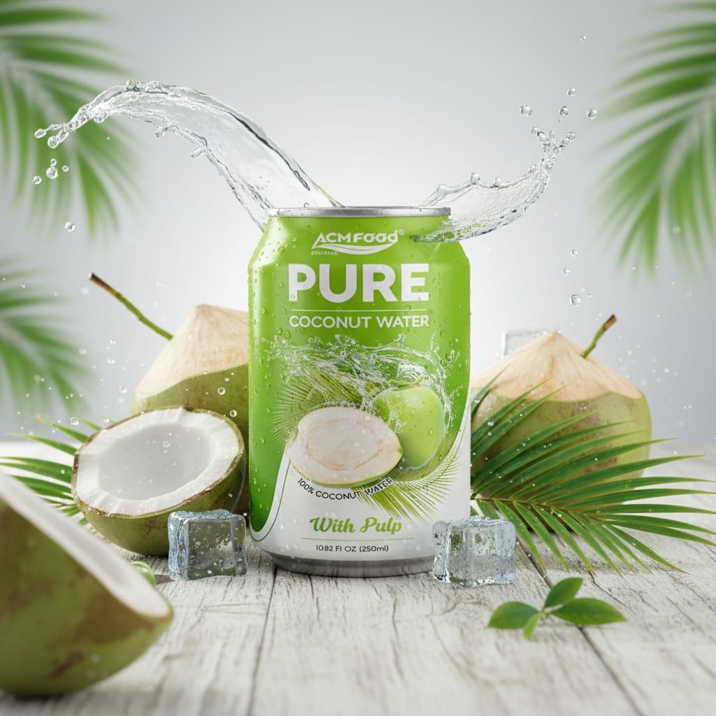250ml ACM Pure Coconut Water with Pulp Short Can displayed alongside fresh coconuts and green leaves, emphasizing natural wellness and functional hydration Coconut water with pulp in 250ml short can on a modern table with fresh coconut halves