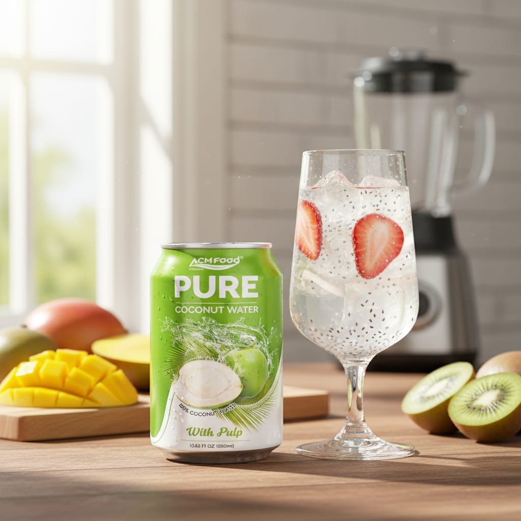 Coconut water with pulp poured into a clear glass with chia seeds and fruit slices, highlighting dietary fiber and versatility Glass of coconut water with pulp next to fresh ingredients used for smoothies
