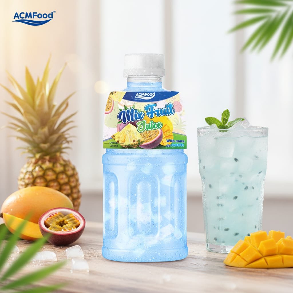 Chewy nata de coco cubes floating in a glass of tropical fruit juice showcasing texture innovation Nata de coco cubes in a glass of fruit juice