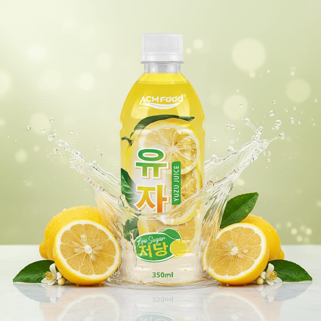 ACM 350ml PET low sugar yuzu juice drink bottle on a modern table
