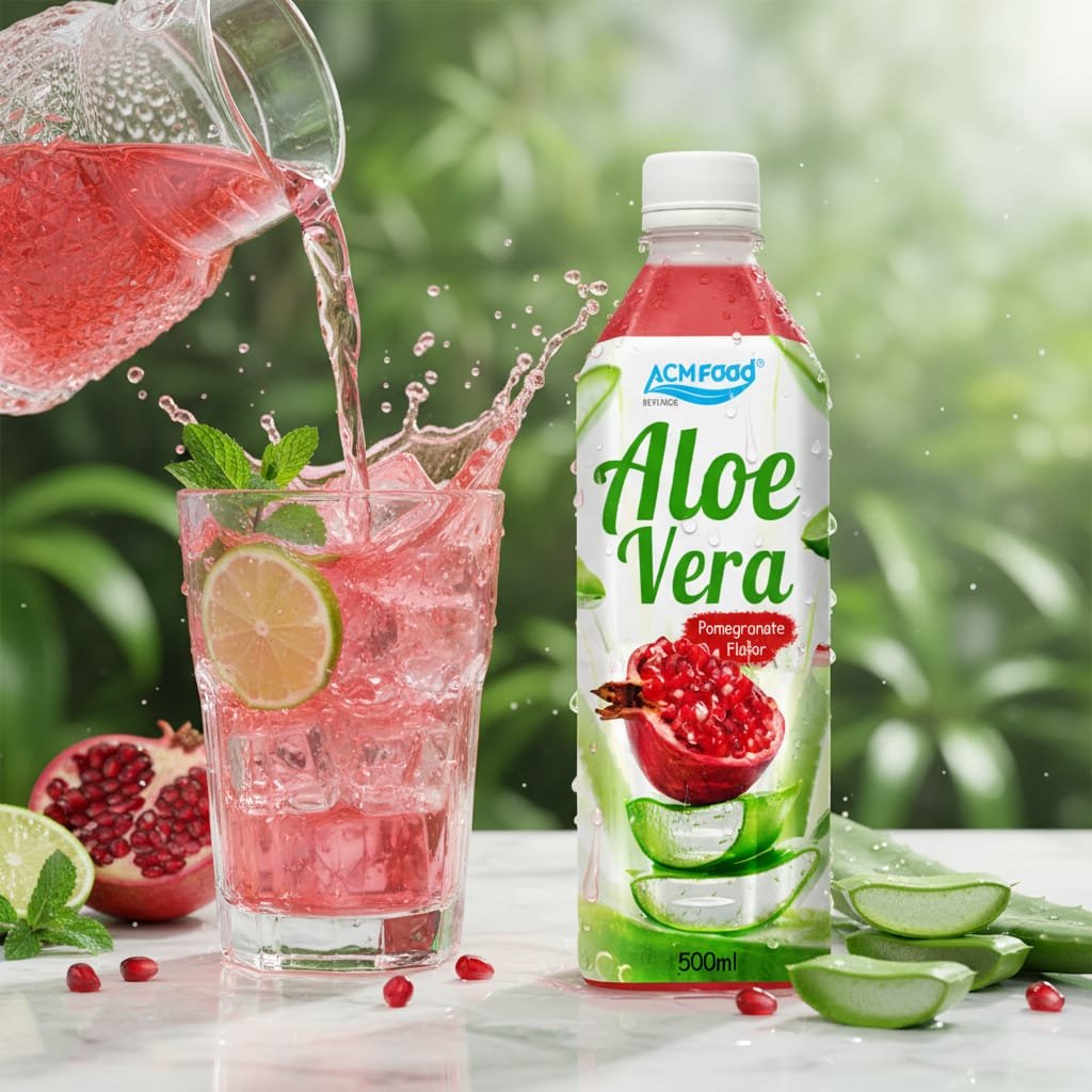 Close up of aloe vera pomegranate juice being poured into glass with ice