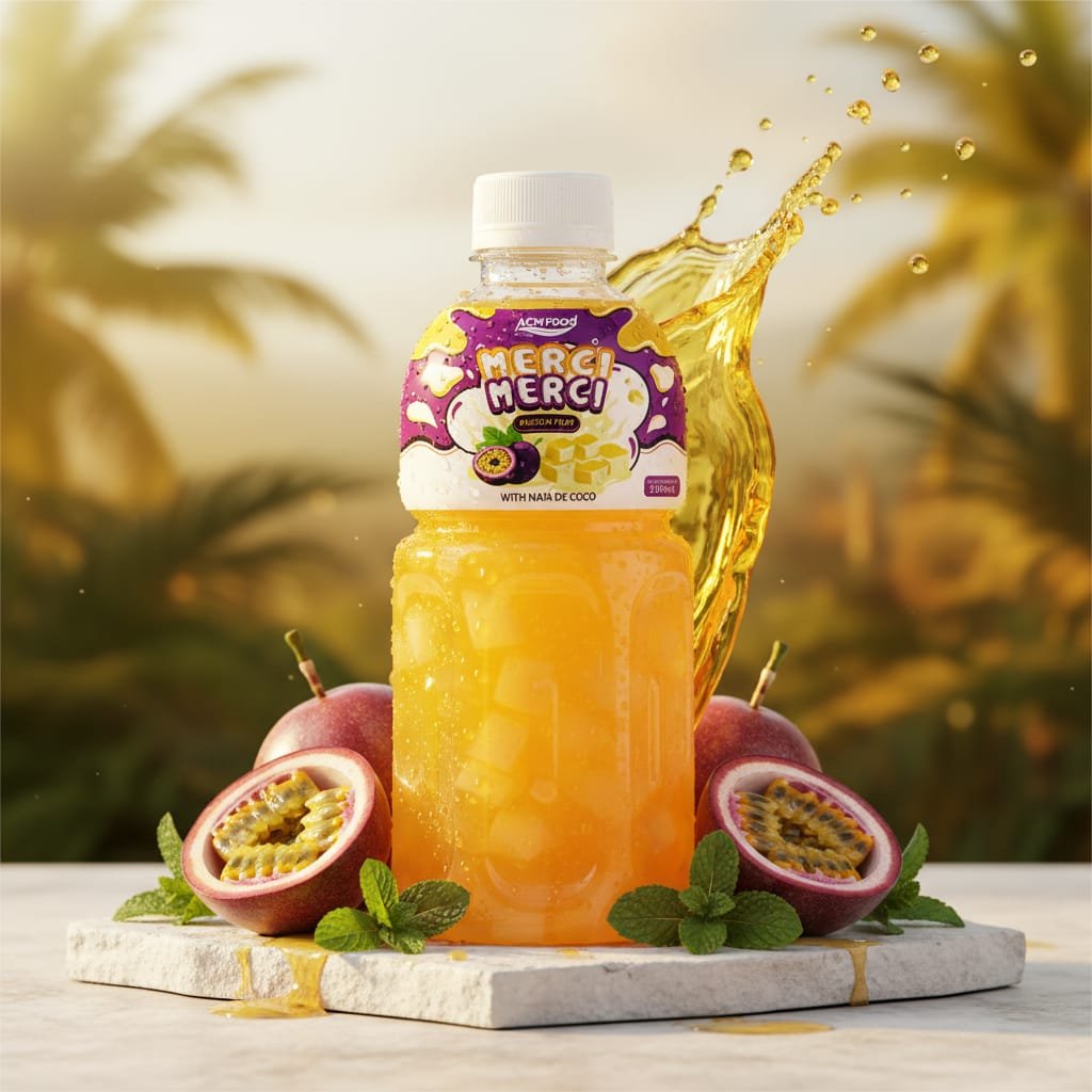 Passion fruit juice with nata de coco in PET bottle on wooden table