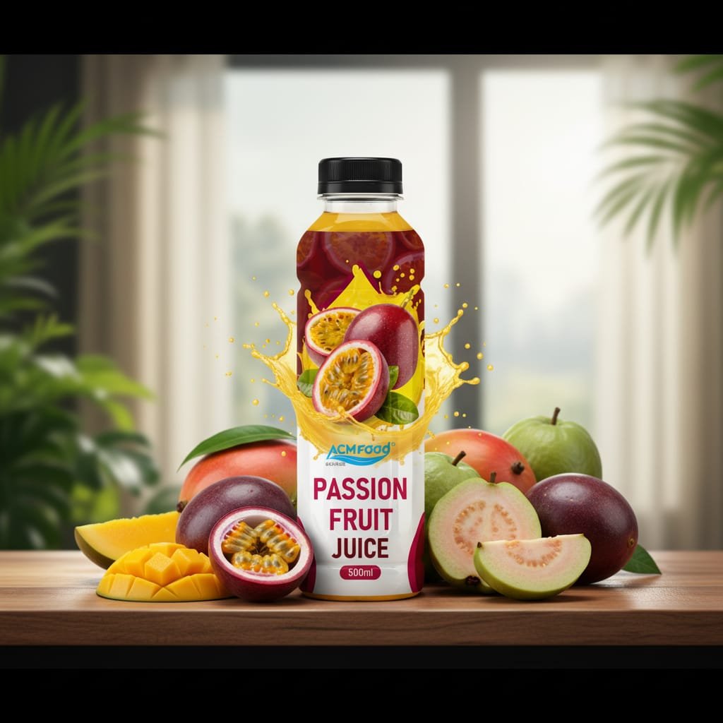 ACM Passionfruit Juice 500ml PET bottle on shelf with tropical fruits