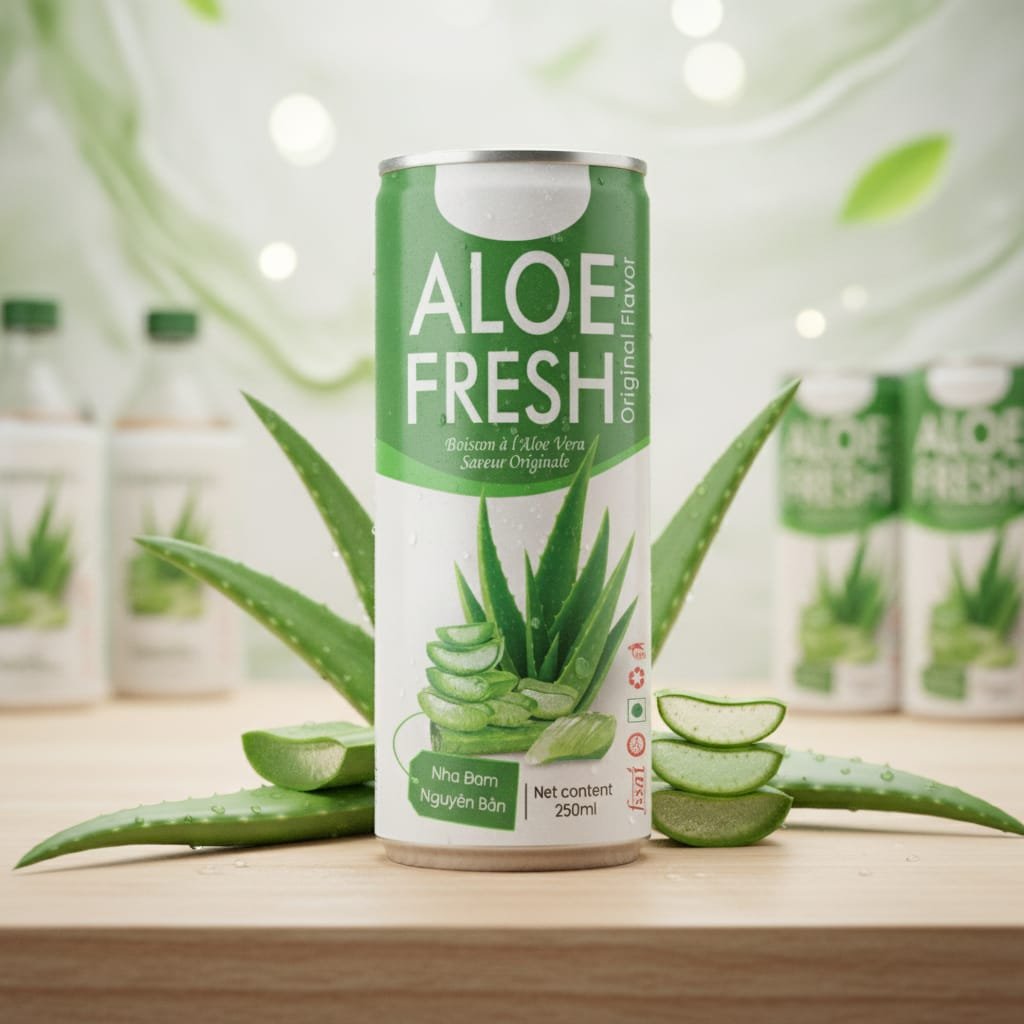 Close-up of ACM Natural Aloe Vera Juice 250ml can with a private label mockup in a modern retail shelf setting