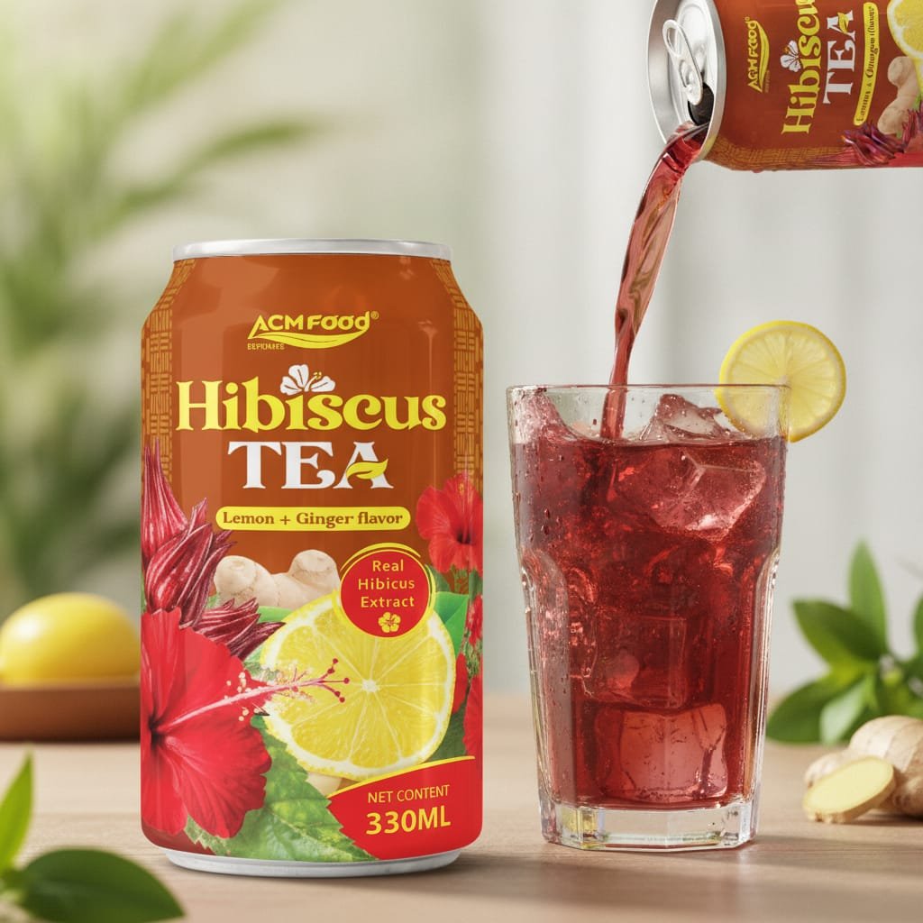 Close-up of pouring hibiscus tea into a glass with lemon and ginger garnishes, highlighting the ruby red color and fresh