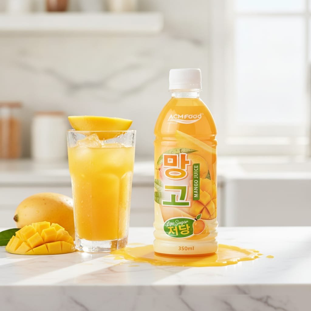 Mango halves and a glass of low-sugar mango juice on a bright kitchen counter