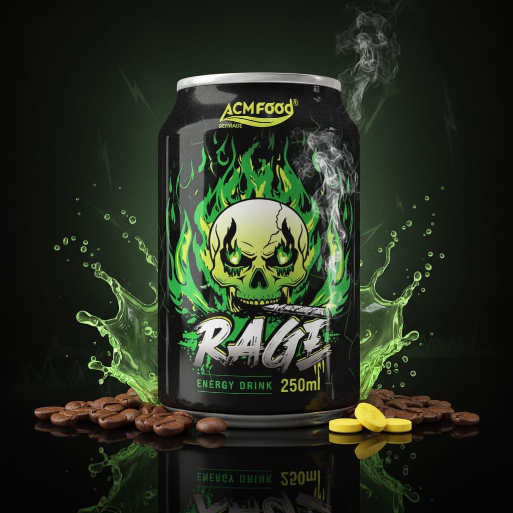 Close-up of Green Rage Energy Drink can with caffeine and vitamin ingredients