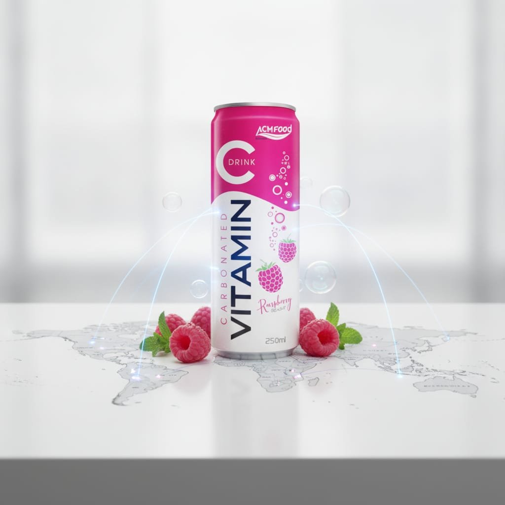 A stylized world map on a light table with small 250ml raspberry sparkling juice cans placed on major continents, logistics icons, and a futuristic digital overlay showing trade routes Global map with points connecting to raspberry sparkling juice packaging