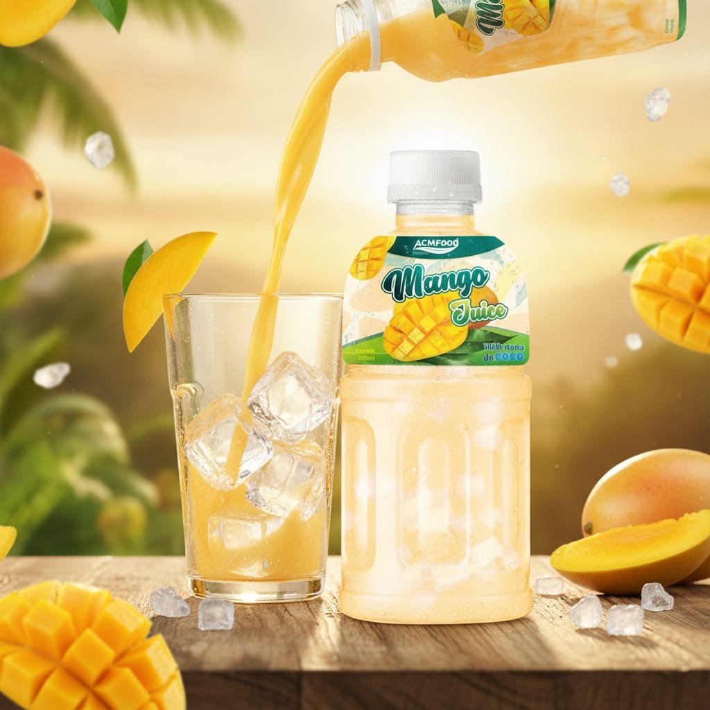 Dynamic pour shot of Mango Juice with Nata de Coco into a highball glass filled with ice, fresh mango slices on the rim, golden light Pouring mango juice with nata de coco into a glass with fresh mango garnish