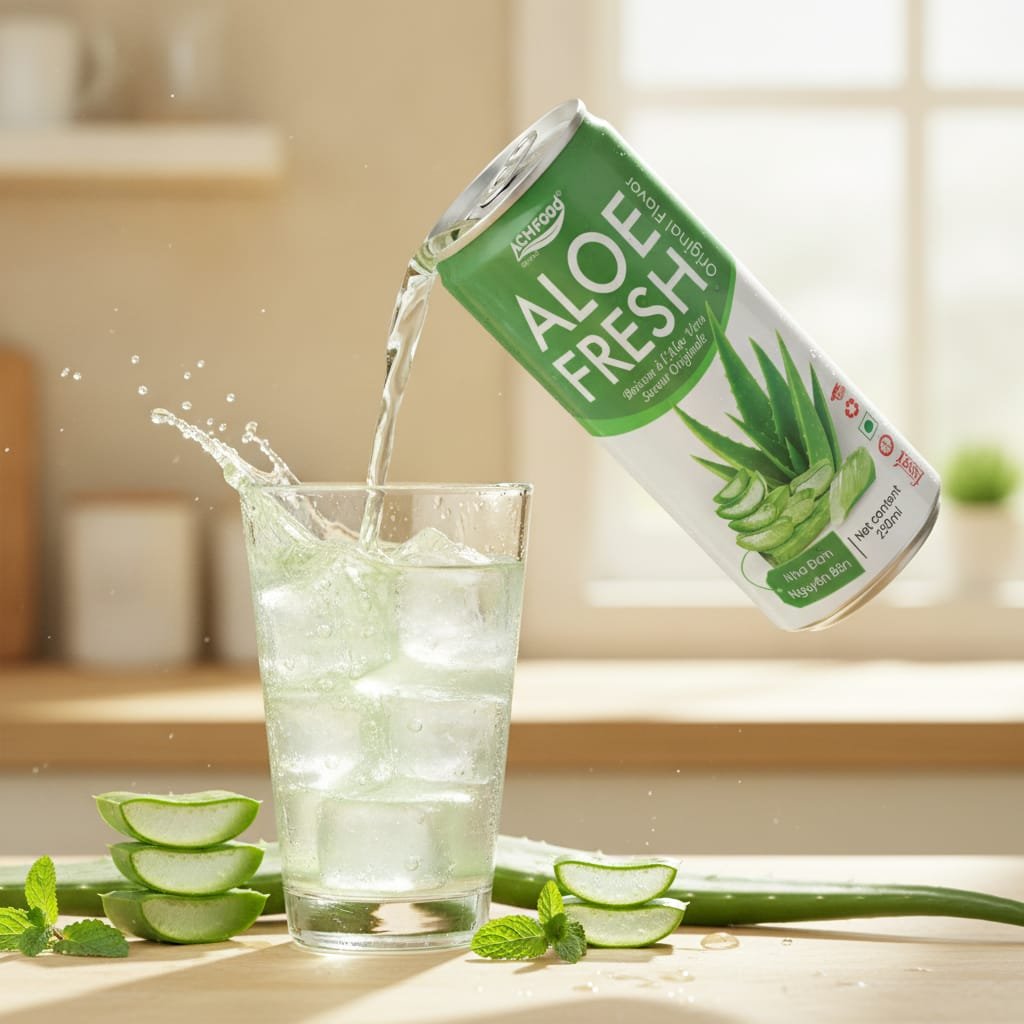 Pouring ACM Natural Aloe Vera Juice from a chilled can into a glass filled with ice, showing the clear liquid and aloe v