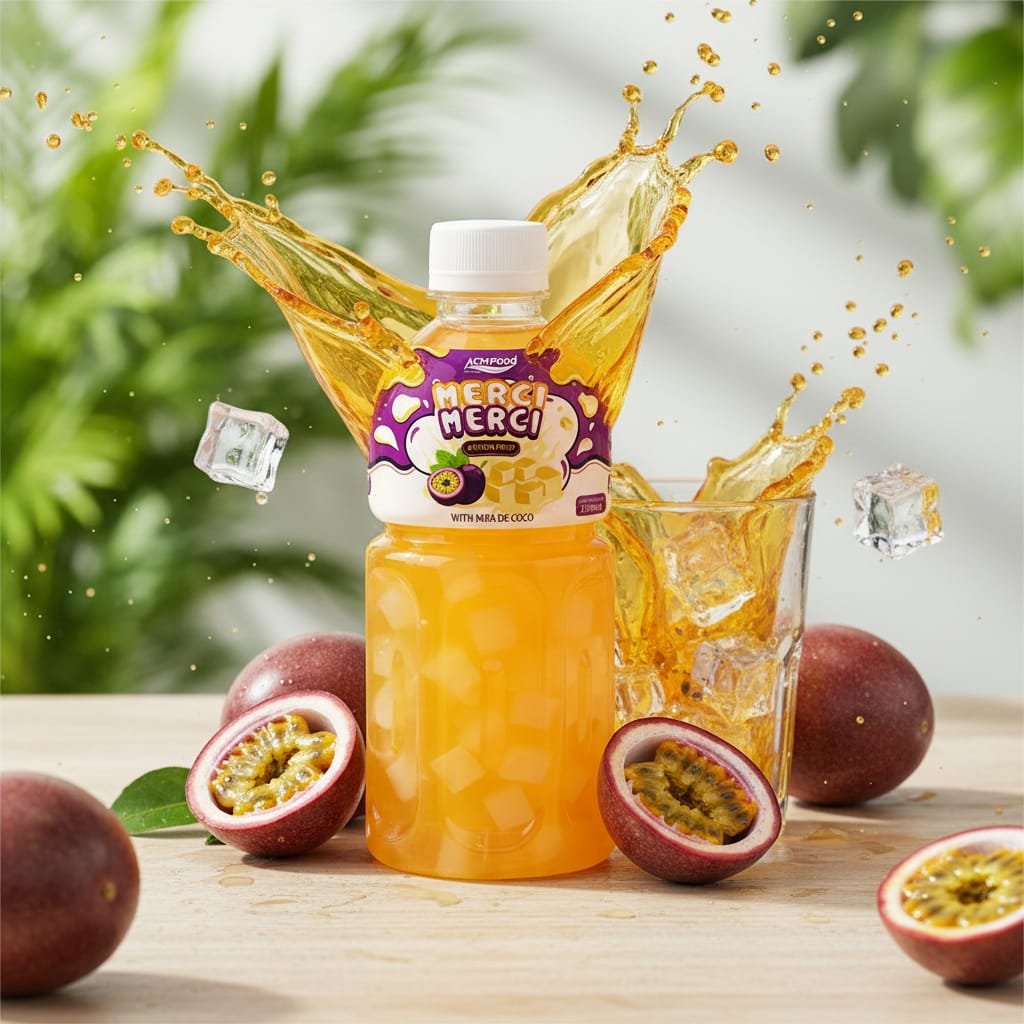 Pouring passion fruit juice with nata de coco into glass