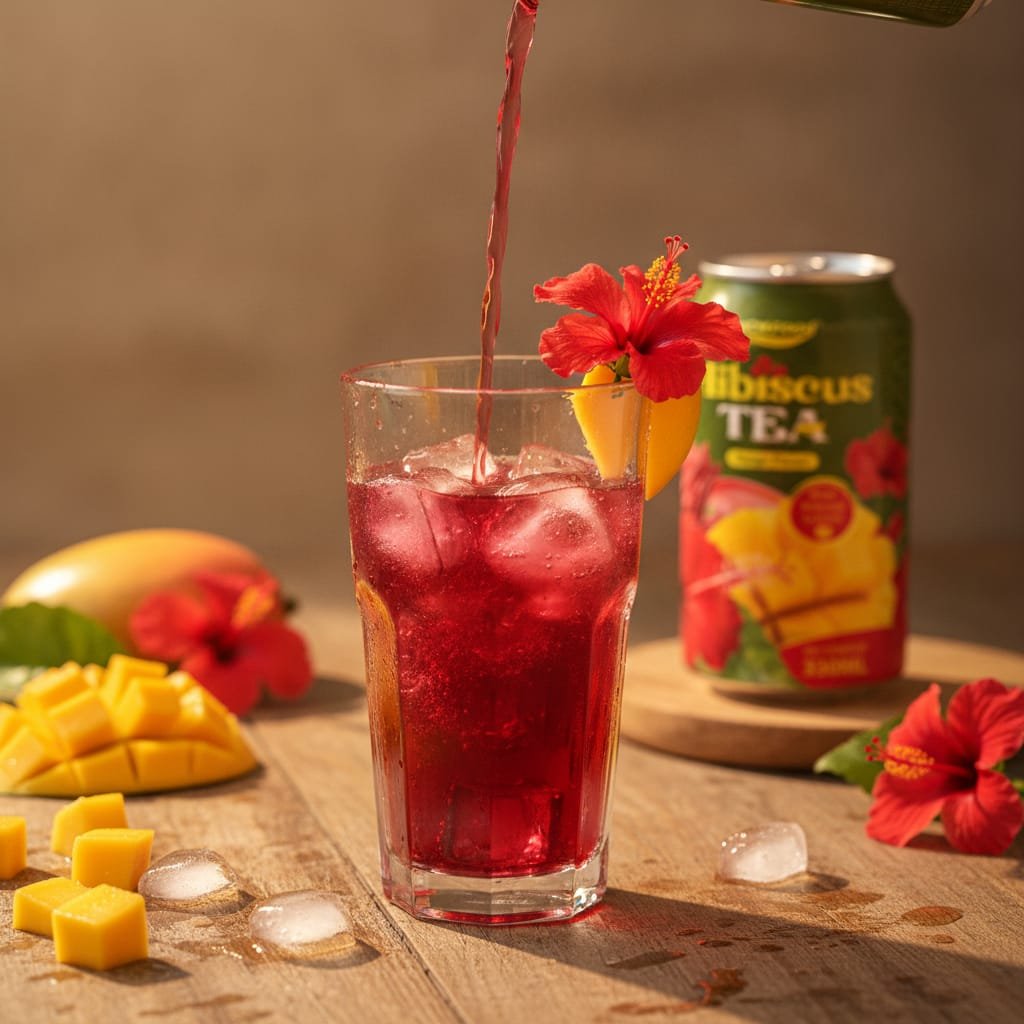 Close-up of a 330ml sleek can of mango hibiscus tea with a glass pour and ice, surrounded by mango pieces and hibiscus f