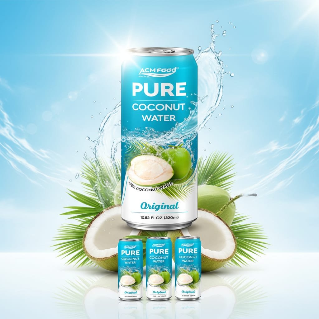 ACM FOOD coconut water packaging variety including 320ml can, 500ml PET bottle, and 1L paper box for OEM export Various ACM coconut water packaging options: cans and PET bottles