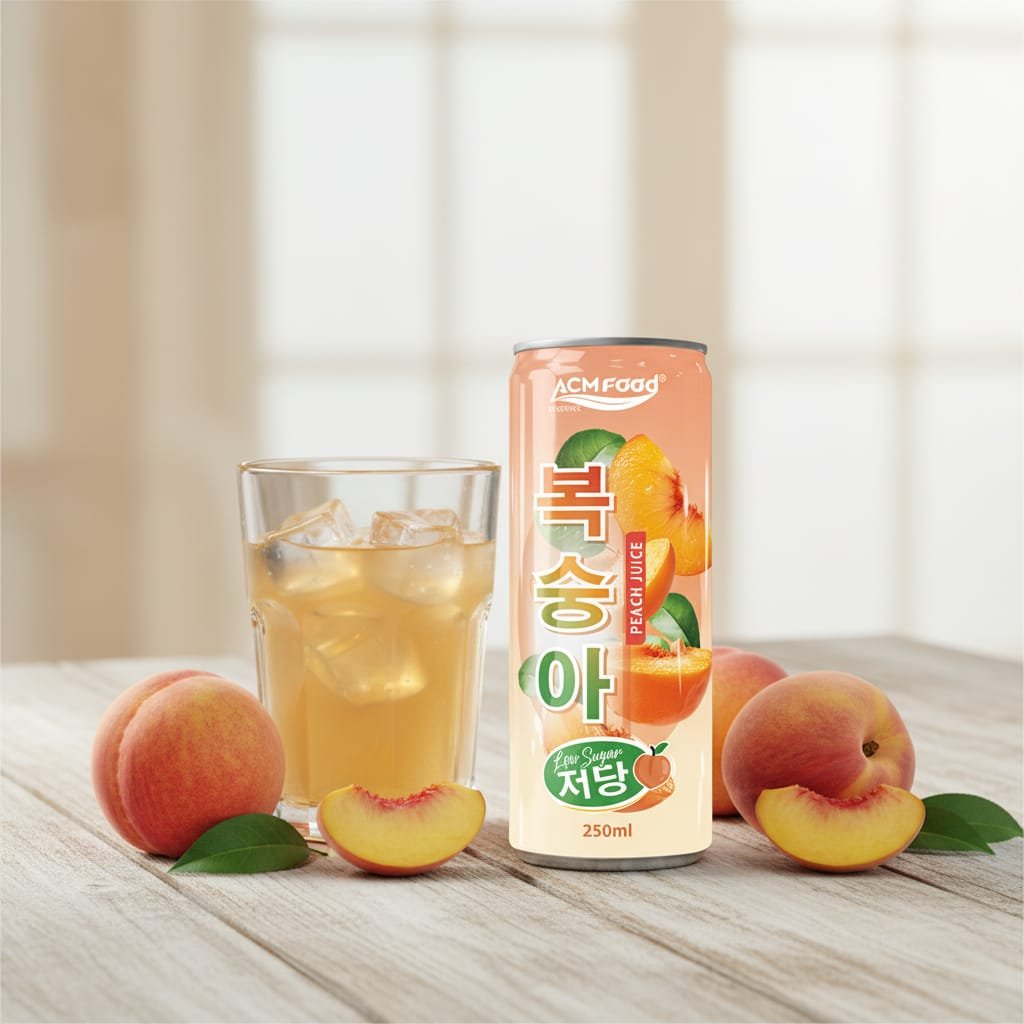 A glass of peach juice with ice cubes on a wooden table natural lighting surrounded by fresh peaches and green leaves co