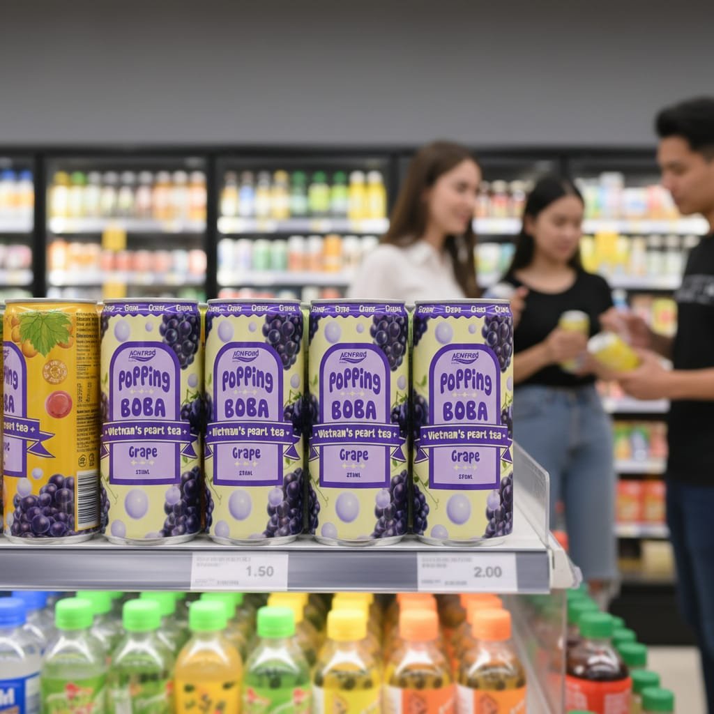 A group of young multiethnic consumers in a modern convenience store picking up RTD bubble tea cans from a refrigerated 