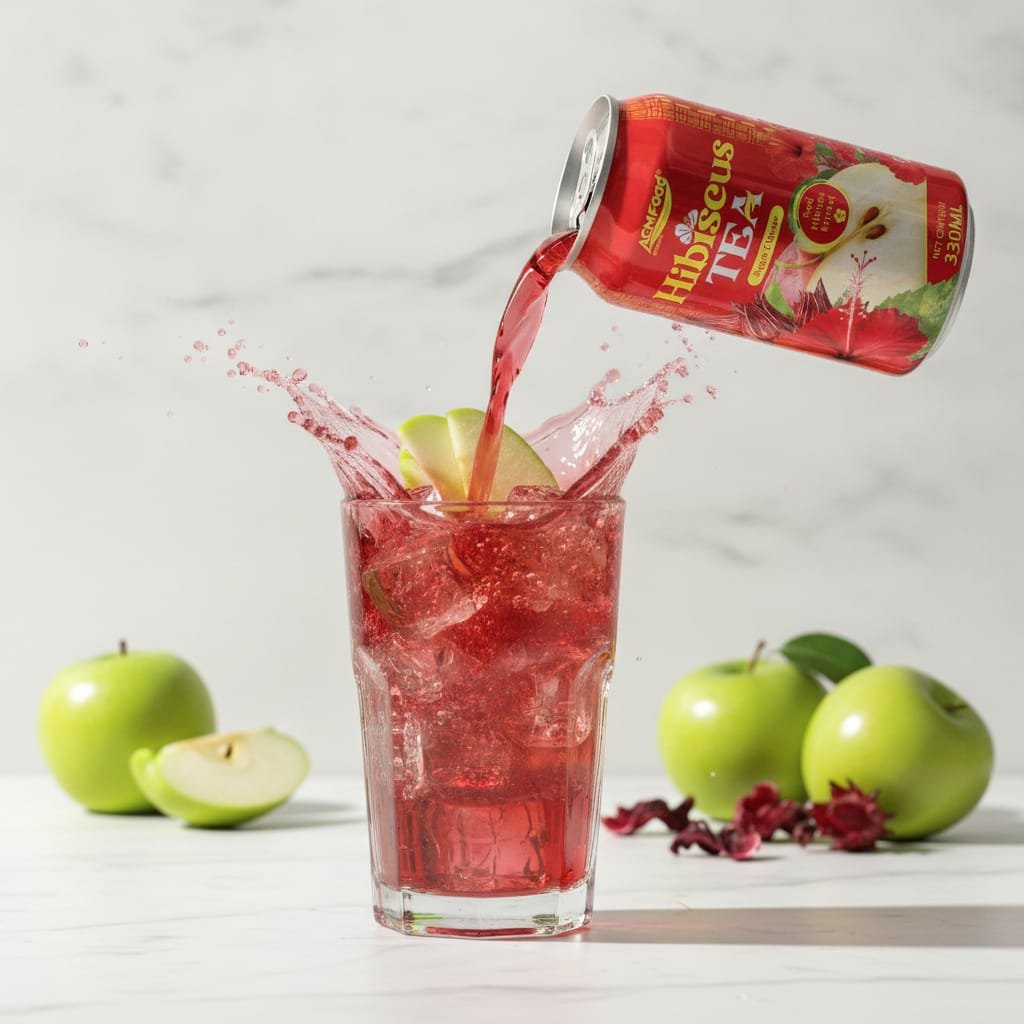 Close-up of hibiscus tea being poured into a glass with apple slices