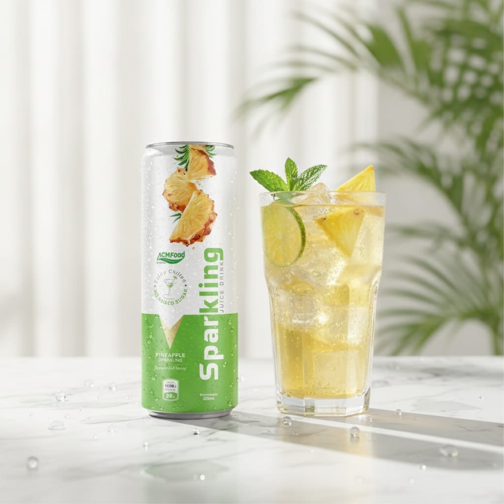 A tall glass of golden pineapple sparkling juice with ice, fresh pineapple chunks, and a sprig of mint, set on a light marble surface with natural daylight Glass of pineapple sparkling juice with fresh fruit and green leaves
